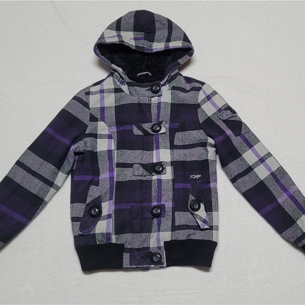 Fox Vintage Y2K Purple Plaid Flannel Black Faux Fur Lined Hooded Bomber Jacket - Picture 2 of 11